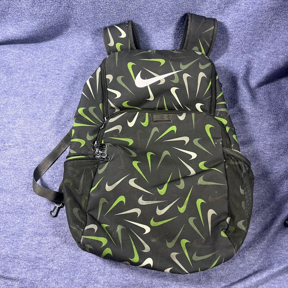 Nike Swoosh All Over Print Backpack Black Green Grey School Travel Bag